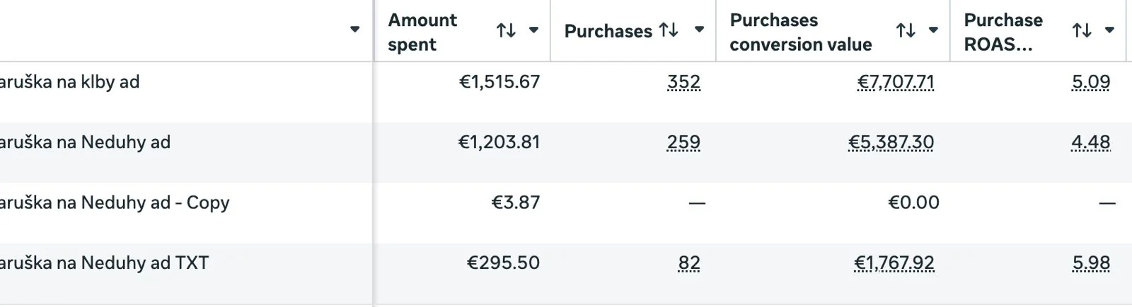 Výsledky kampane v Meta Ads Manager: útrata, počet nákupov, hodnota konverzií a ROAS pre jednotlivé reklamy